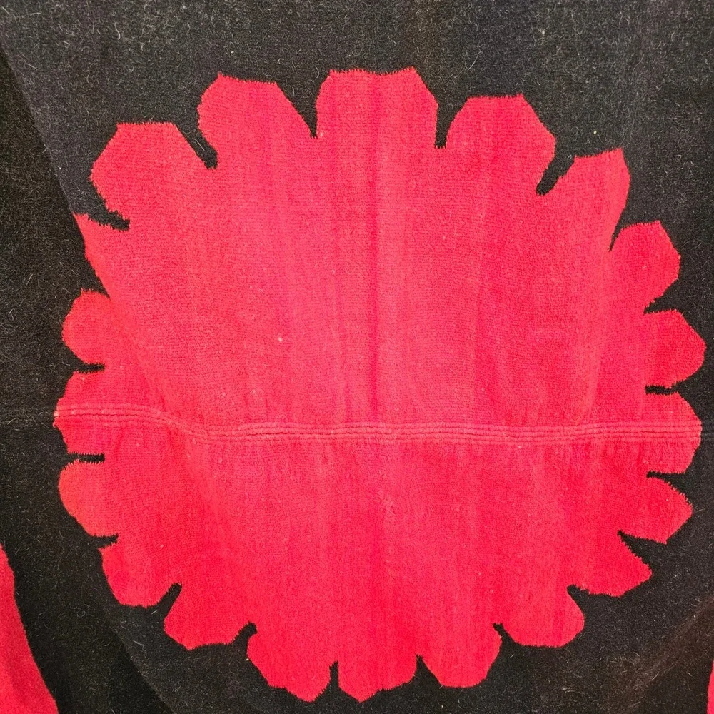 Vintage Handwoven Wool Textile Red Black Sunburst Southwestern Rug 72x56